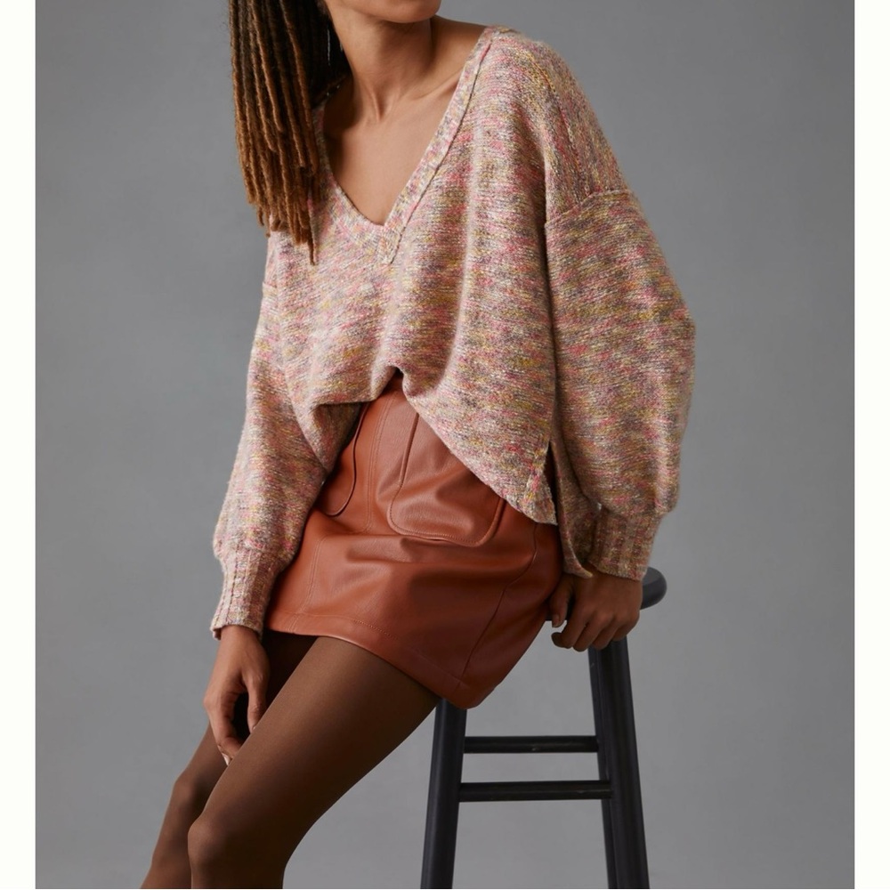 Anthropologie Pilcro Pink and Cream V-Neck Sweater with Relaxed Fit